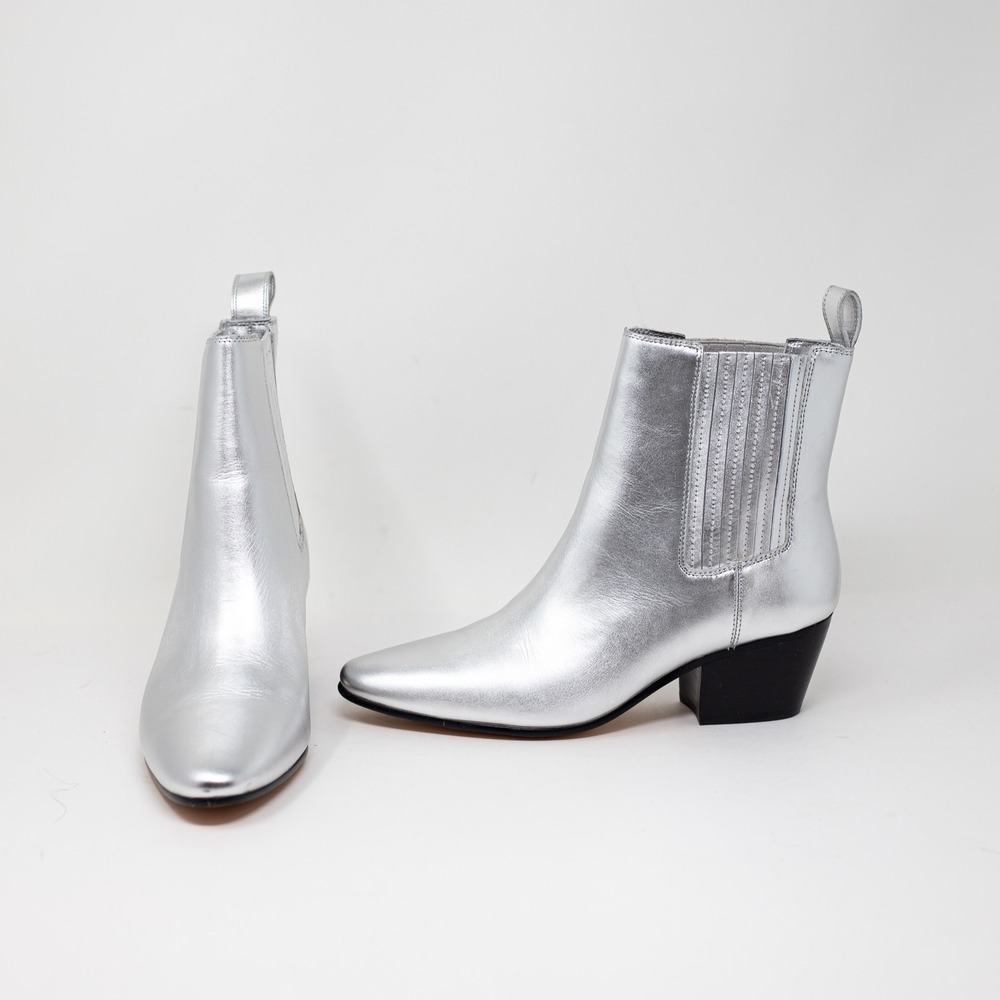 J. Crew Women's Piper Genuine Leather Ankle Block Heel Silver Metallic Booties